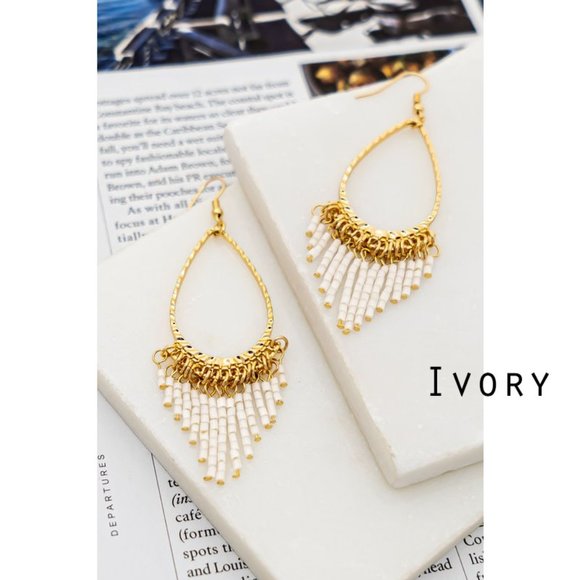 NEW Tear Drop Hoop Beaded Tassel Fringe Drop Statement Earrings Black Ivory Pink - Picture 4 of 9